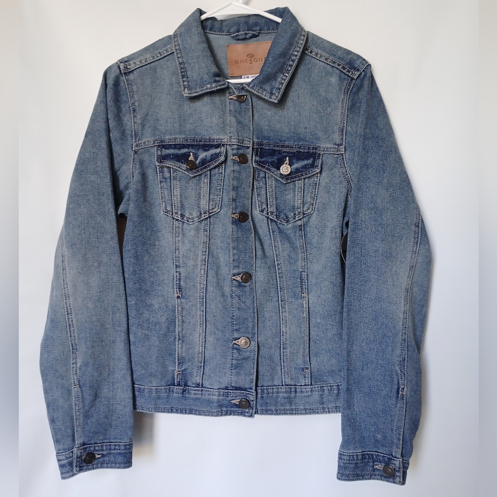 One 5 One Womens Stone Wash Denim Jean Jacket Medium Blue Denim